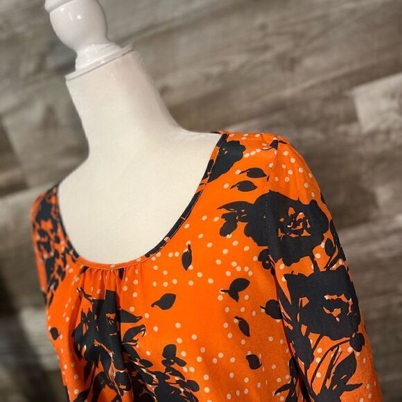 Trinity orange and navy floral scoop neck silk blouse - S - Picture 3 of 7